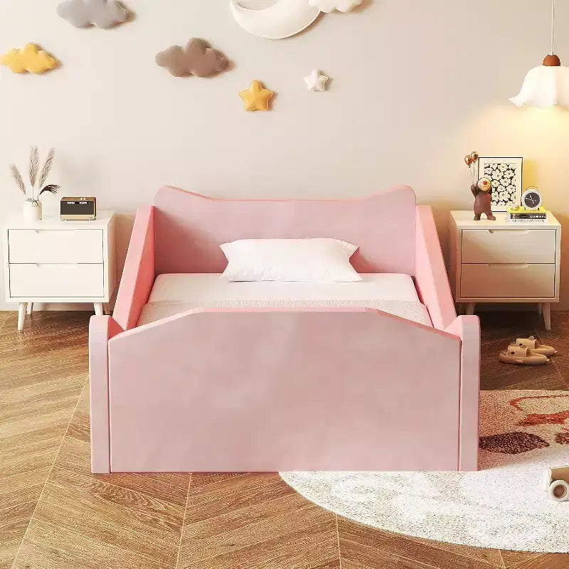 JOYMOR Toddler Bed, Floor Bed with Safety Guadrail, Montessori Toddler Bed with Animal Ear Shapes, Pink