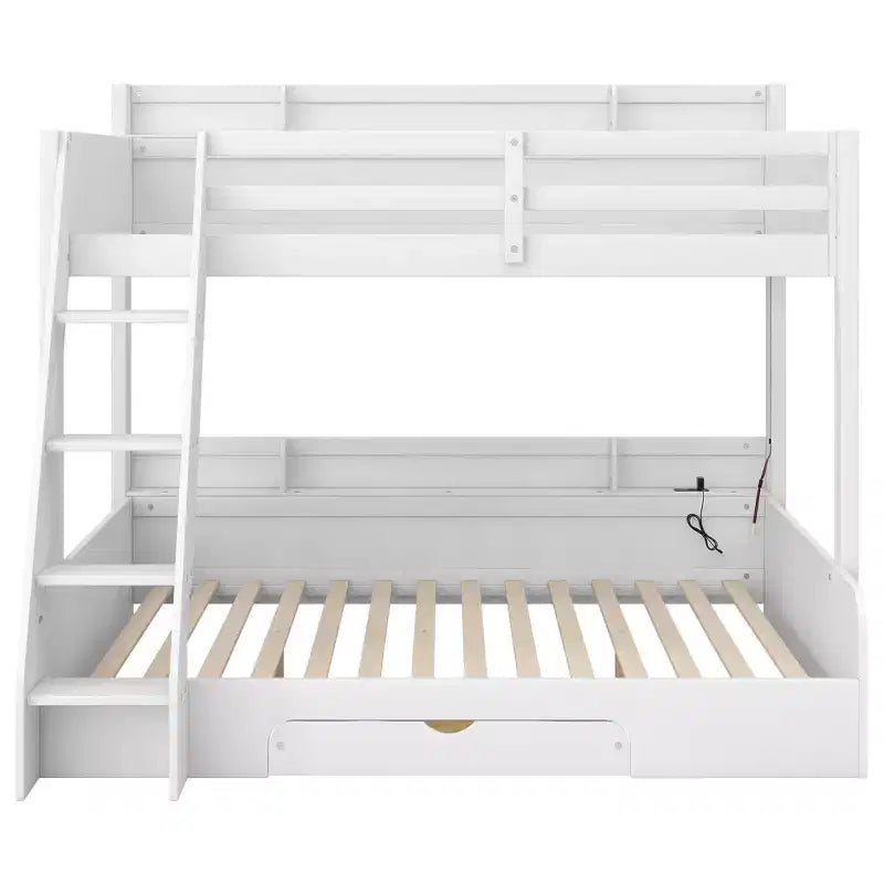 Twin over Full Bunk Bed with Storage, LED Lights & Charging Station, Wood Bunked Bed Beside Shelves for Kids & Teens