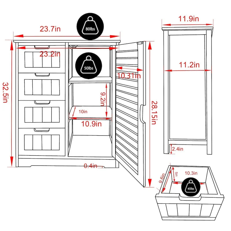VEIKOUS Bathroom Floor Storage Cabinet with 4 Drawers