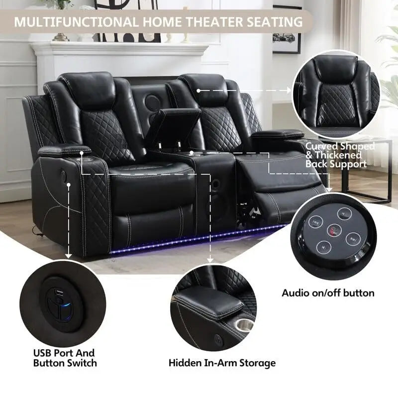 Power Reclining Sofa with Wireless Charger,Reading Light for Living Room,Faux Leather LED Light,AC/USB Port,Cup Holder,Black