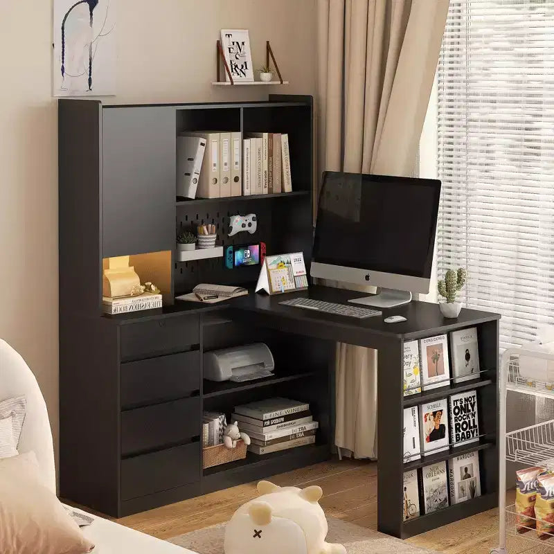 46-Inch L-Shaped Corner Desk with Bookshelf and Drawers