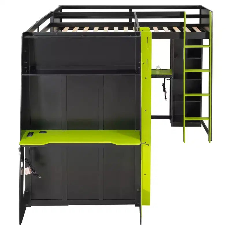 L-Shaped Gaming Loft Bed with Desks, Double Twin Loft Beds with LED Lights, USB Ports, Storage Bookshelves, Wood Corner Loft Bed for 2