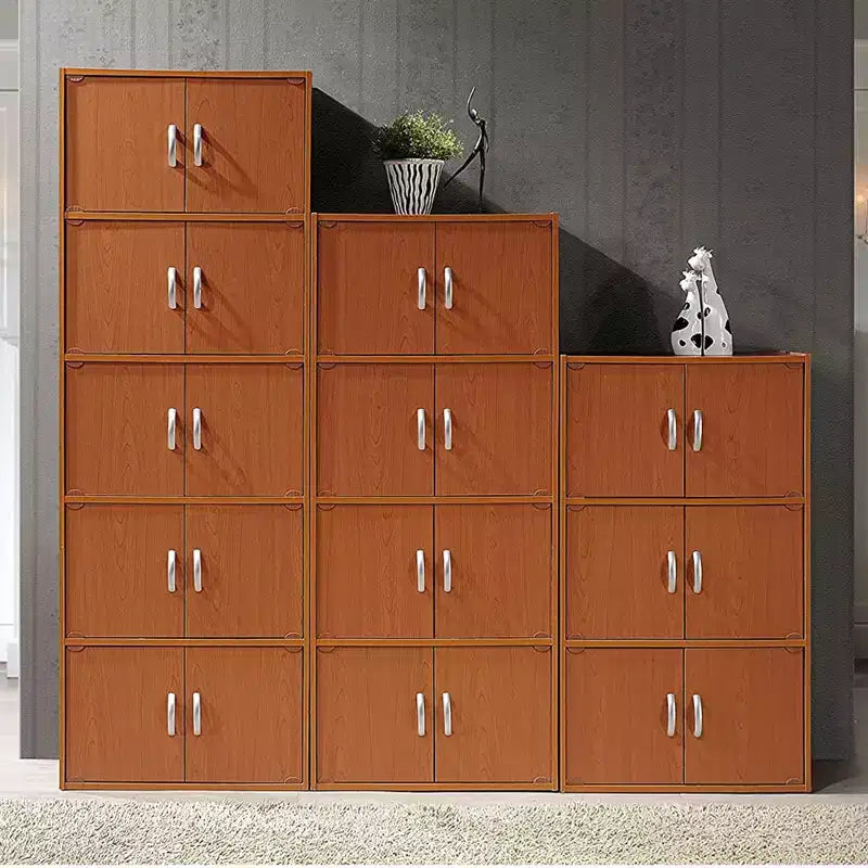Hodedah HID44 Heavy Duty 8 Door Floor Mount Enclosed Multipurpose Storage Bookcase Cabinet for Home and Office, Beech Wood Finish