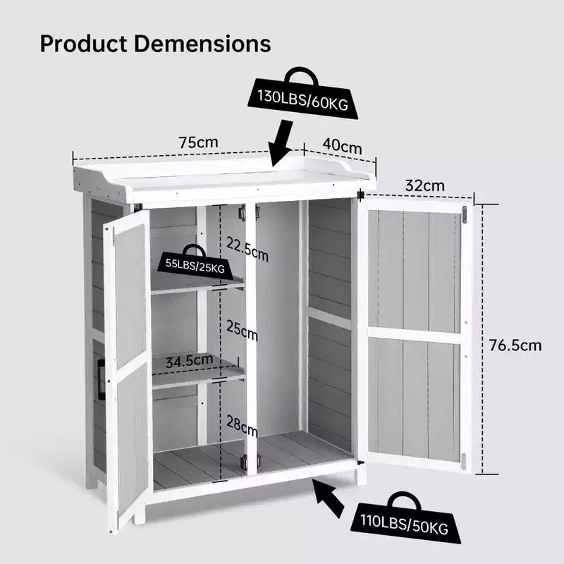 Outdoor Storage Cabinet, Potting Bench - Waterproof Wooden Garden Work Station with Galvanized Tabletop, Adjustable Shelves for Backyard/Patio/Lawn
