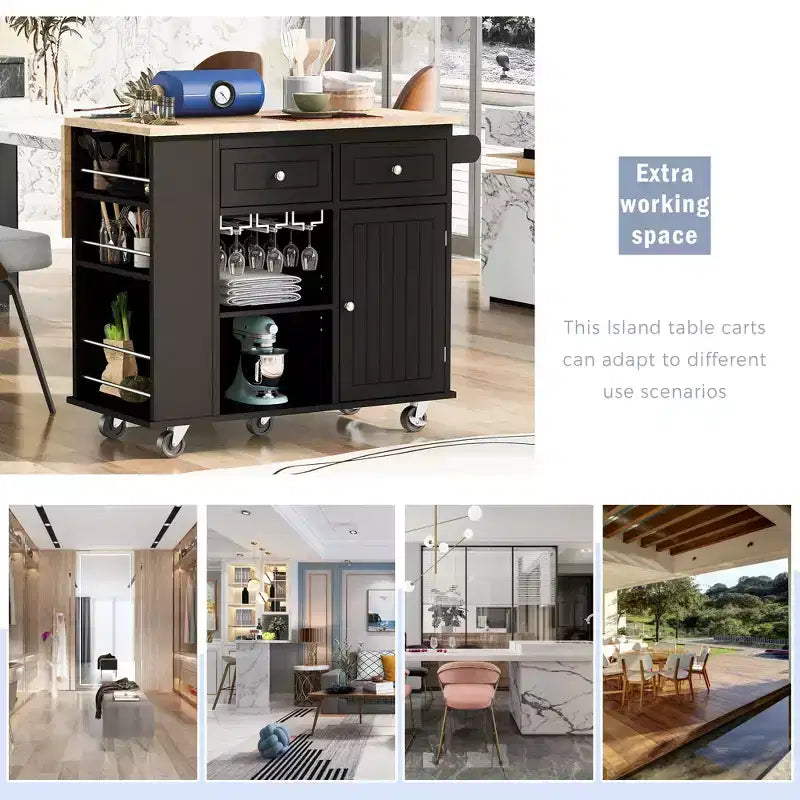 Movable Kitchen Island with Power Outlet, Drop Leaf and Rubber Wood Top