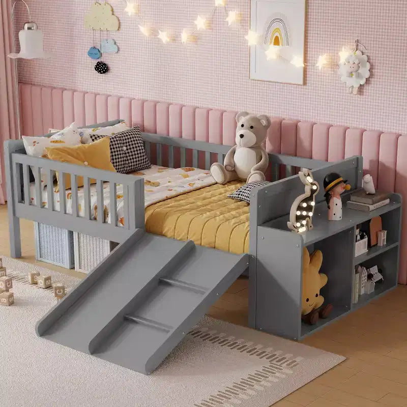 Whisen Twin Size Low Loft Bed Frame for Kids with Slide, Movable Bookshelf Storage, Guardrails, Low Loft Bed Frame