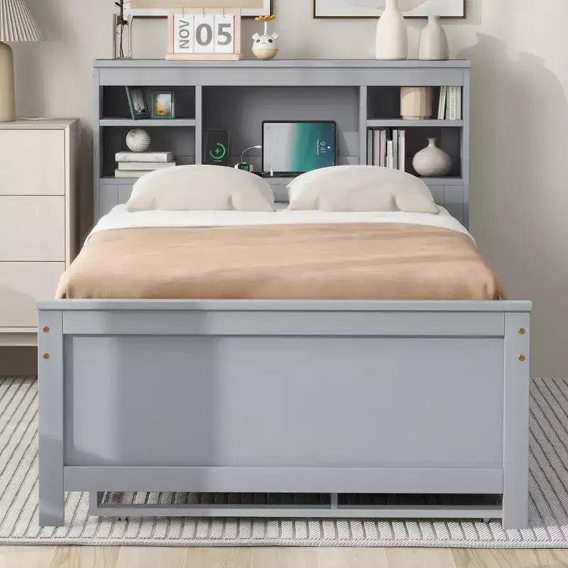 Platform Bed with Trundle and Drawers, Storage Platform Bed with USB, Wood Platform Bed with Bookcase