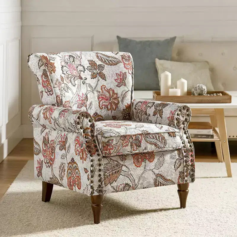 Araceli Traditional Wooden Upholstered Floral Armchair with Wingback and Nailhead Trim| ART OF LIVING DESIGNS