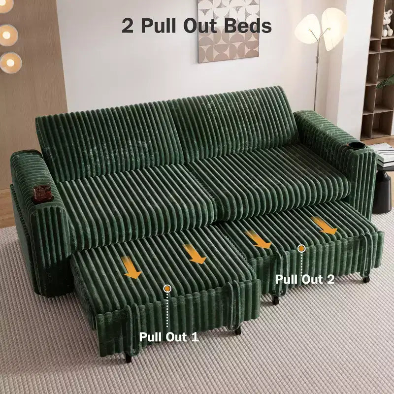 Dyonery 91 Sectional Sleeper Sofa Bed with Pull Out Bed,Reclining Backrest/Two Pull Out Beds/USB Ports/Cup Holders, Plush Corduroy
