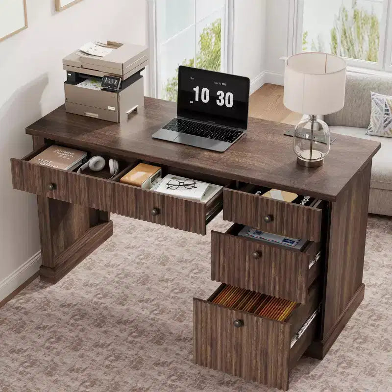Fluted Home Office Desk Storage, 54 Modern Executive Desk with Charging Station, Wooden Computer Writing Desk with File Drawers for Study Room