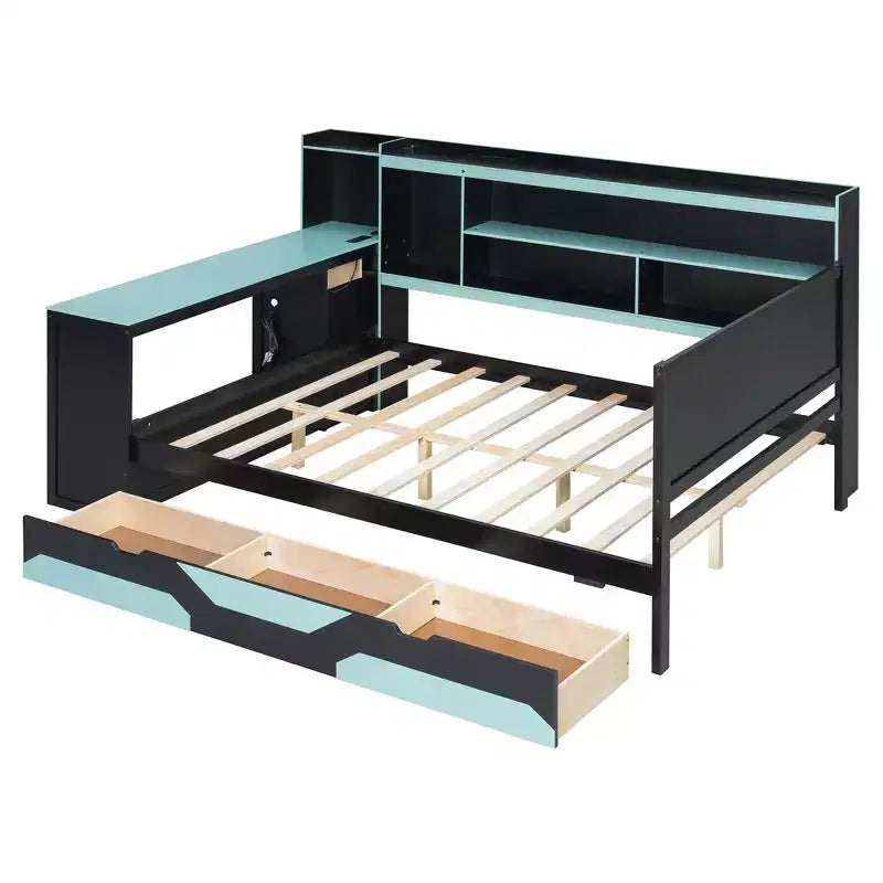 Full/Queen Gaming Daybed with Bookcase Headboard, LED Lights, Integrated Desk, Drawers and Charging Station