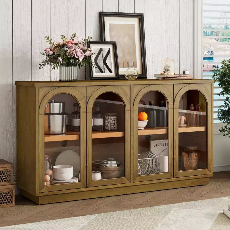 4-Door Large Storage Buffet Cabinet with Glass Doors, Arched Cabinet with Adjustable Shelves for Kitchen