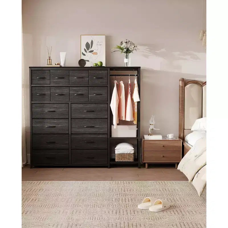 Dresser with 16 Drawers & Hanging Rod & Shelves, Fabric Storage Organizer for Bedroom, Closet, or Entryway