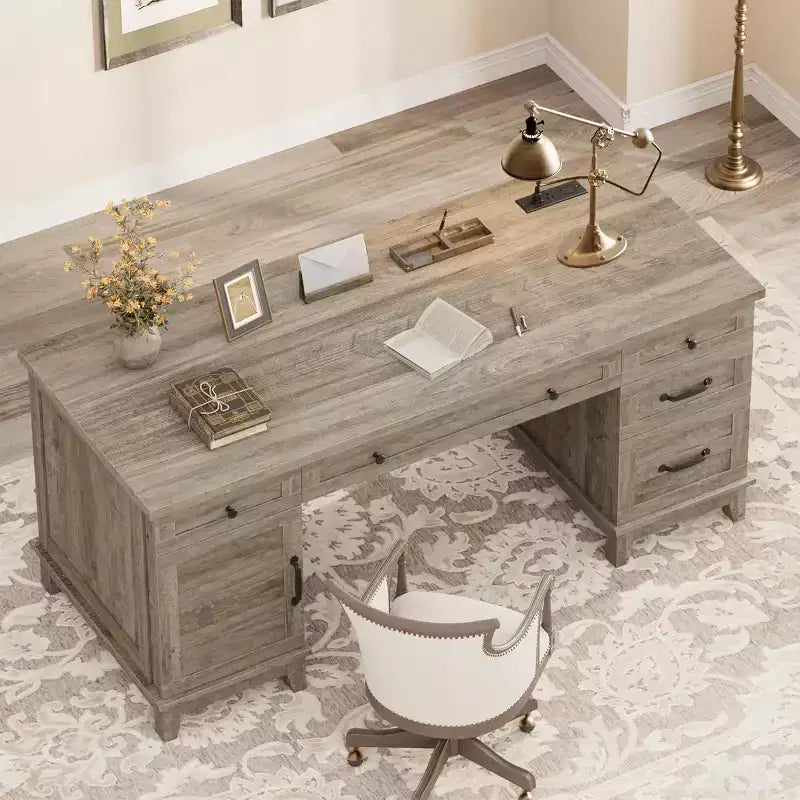 60 Executive Desk with Drawers, Home Office Desk with Charging Station, Wooden Computer Writing Desk for Study, Conference Table for Living Room