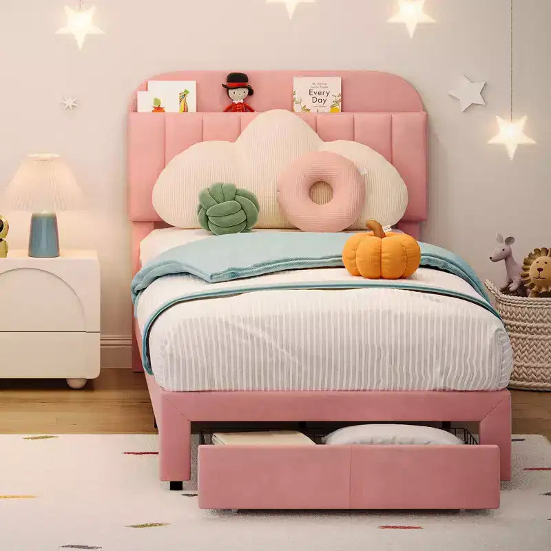 2 Pack Twin Bed Frame with Storage Drawers & Headboard, Velvet Upholstered, Low Profile, Noise-Free, Easy Assembly Pink