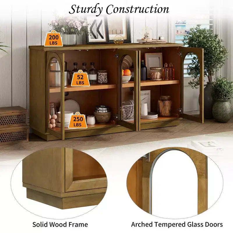 4-Door Large Storage Buffet Cabinet with Glass Doors, Arched Cabinet with Adjustable Shelves for Kitchen