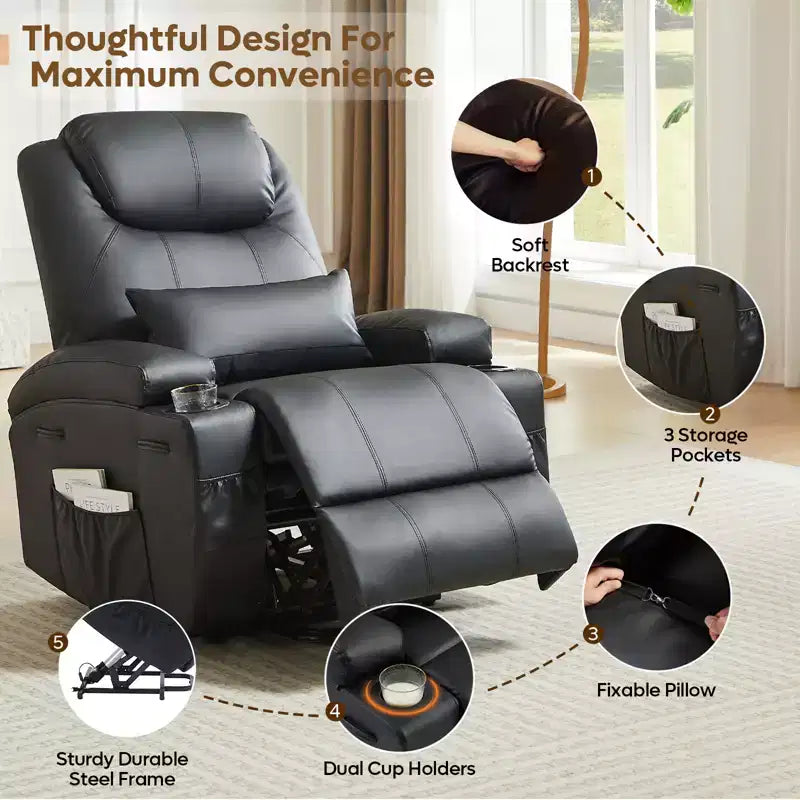 Bestier 34.6'' Electric Power Lift Asist Recliner Chair with Massage and Heat, Fax Leather Reclining Chair with Side Pockets & Cup Holders