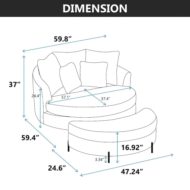 Modern Sofa Chair Round Accent Barrel Chair With 5 Pillows and Optional Ottoman
