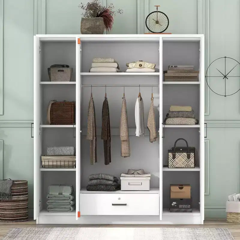 Wood 4-Door Wardrobe Armoire with Hanging Rod, 1-Drawer and Storage Shelves