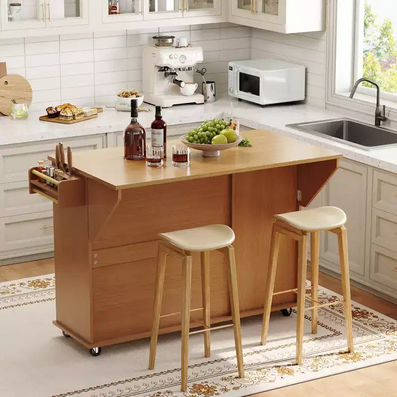 55 Mobile Island Table with Power Outlet & Drop Leaf, Kitchen Rolling Island Kitchen Island Cart with Trash Storage Cabinet for Kitchen