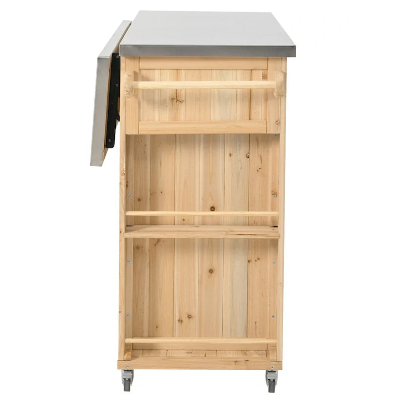 Îlot de cuisine d'extérieur, bois de sapin rustique avec plateau en acier inoxydable et rangement intelligent