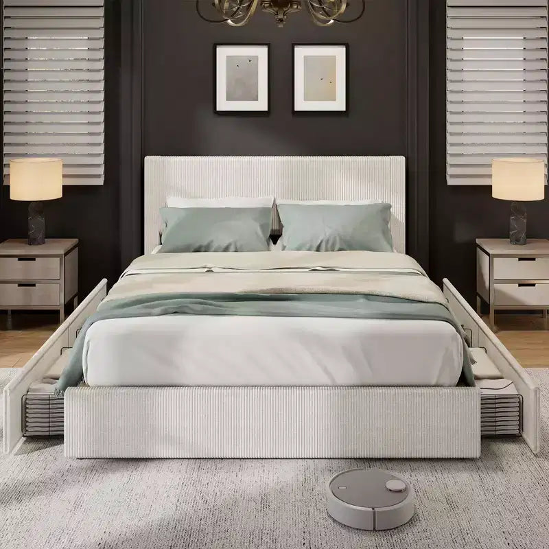 CuisinSmart Corduroy Bed Frame with Headboard, Platform Upholstered Bed Frame with 4 Storage Drawers and Wooden Slats Support