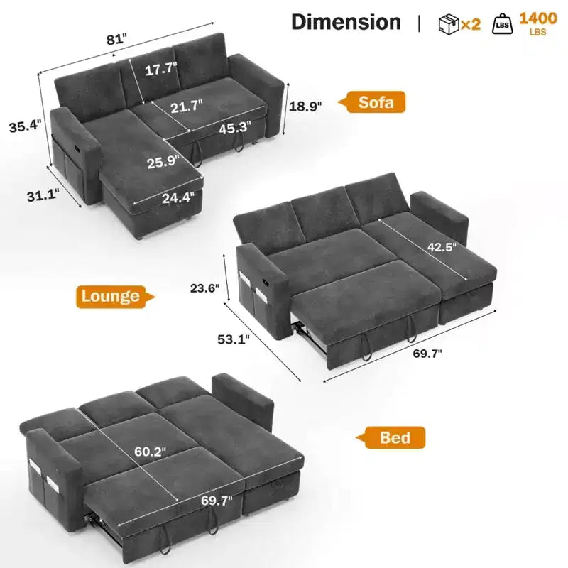 2-in-1 Pull Out Sleeper Sofa with Storage Chaise, Chenille Sectional Couch with USB Ports for Living Room
