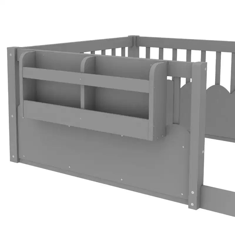 Bellemave Kids Floor Bed with Heightened Fence and Bookshelf, Wooden Twin Montessori Bed Frame for Girls Boys