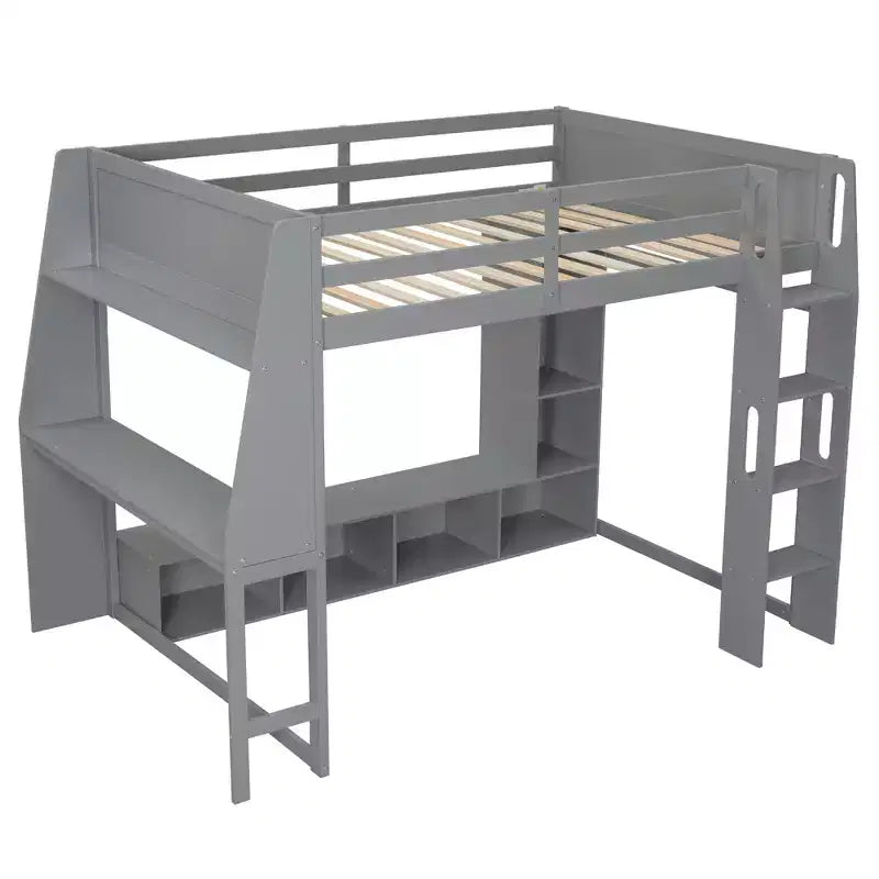 Whisen Wood Twin Size Gaming Loft Bed with Desk, Multi-storage Shelves, LED and a Hanging Clothes Rack