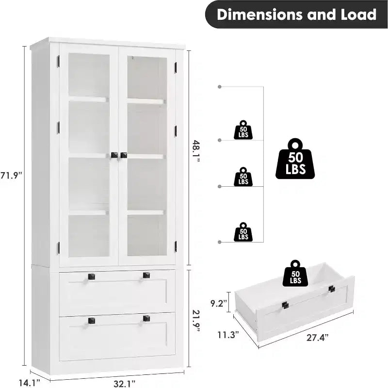 Vaisselier de cuisine de ferme avec portes vitrées, Armoire de rangement de 183 cm avec tiroirs et étagères réglables pour salle à manger, salle de bain, salon