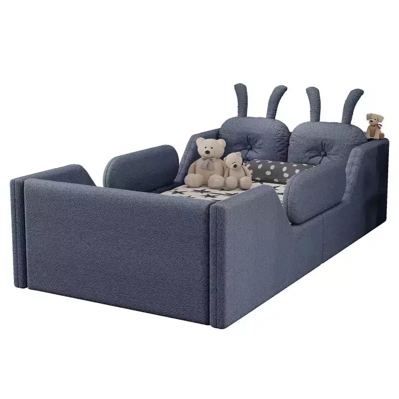 Whisen Twin Platform Bed, Kids Floor Upholstered Bed Frame with Rabbit Cushion, Removable Side Rails
