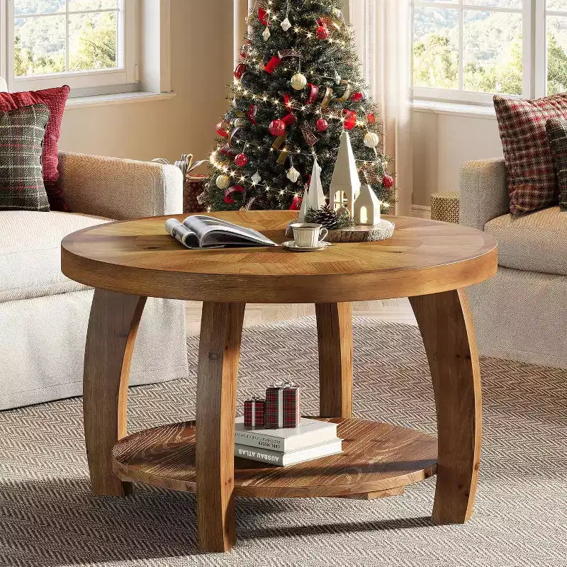 Table basse ronde en bois massif Lantine, table centrale à 2 niveaux avec rangement, plateau de 80 cm avec motif mosaïque, assemblage facile, pour salon, marron