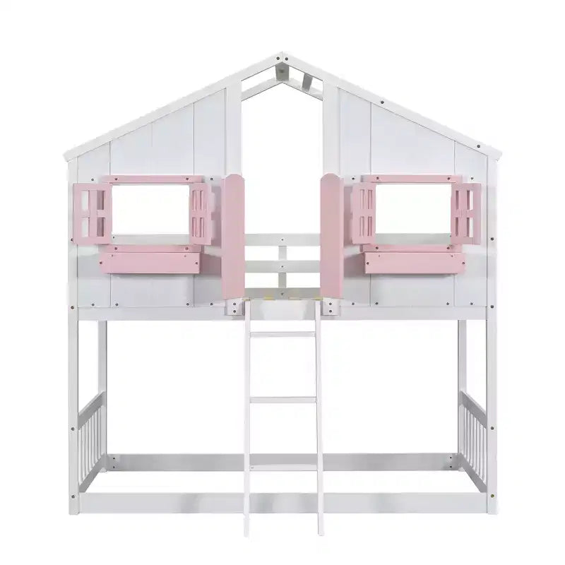Twin Size House-Shaped Loft Bed, Wood Playhouse Loft Bed with Ladder & Guardrails for Kids