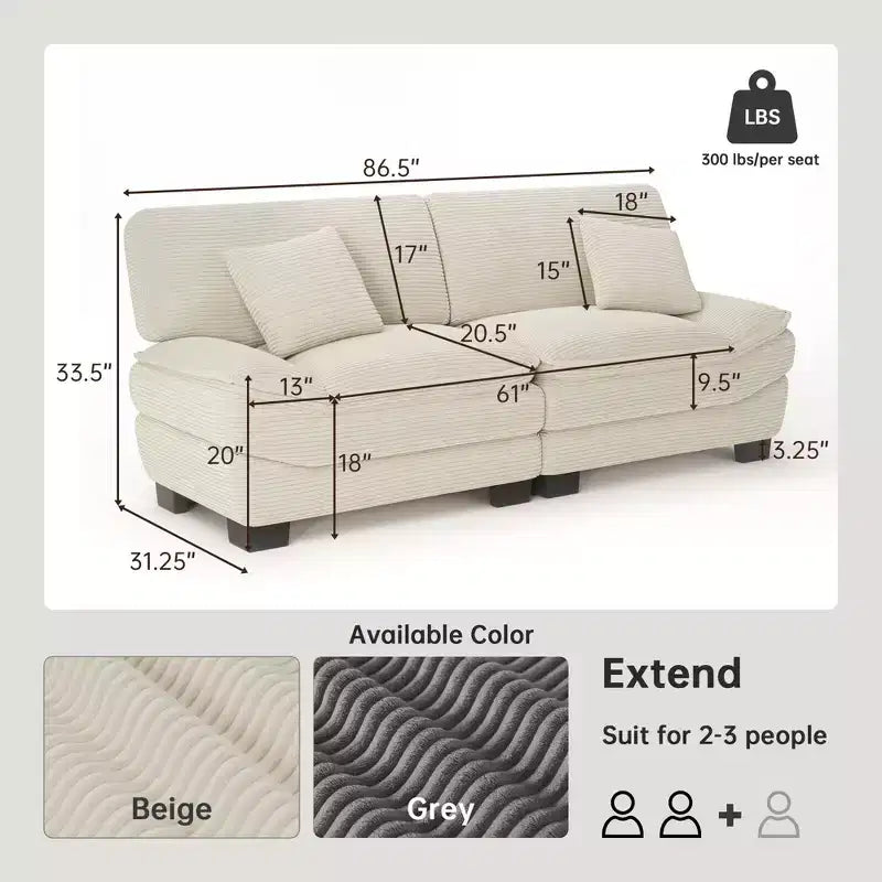Beige 87 Corduroy Couch with 2 Pillows, Sailboat-Shape Deep Seat Sofa for Living Room, Small Space, Office, Apartment-Morden Fort
