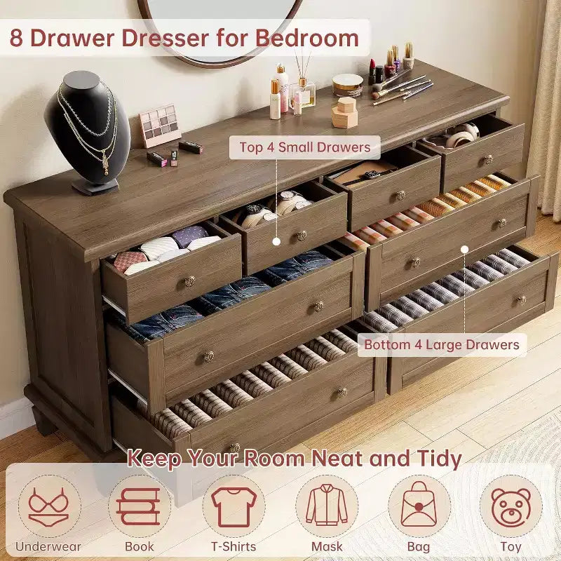 8 Drawer Dresser for Bedroom, Vintage 59 Dresser TV Stand with Carved Handles and Tapered Legs, Wood Chests of Drawers with Large Capacity Storage
