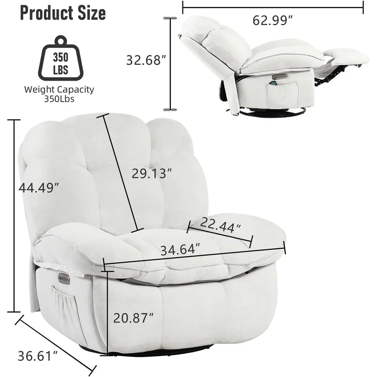 XINMICS Swivel Power Recliner Chair, Massage Rocker Recliners with Heated ,USB, USB-C and Side Pocket