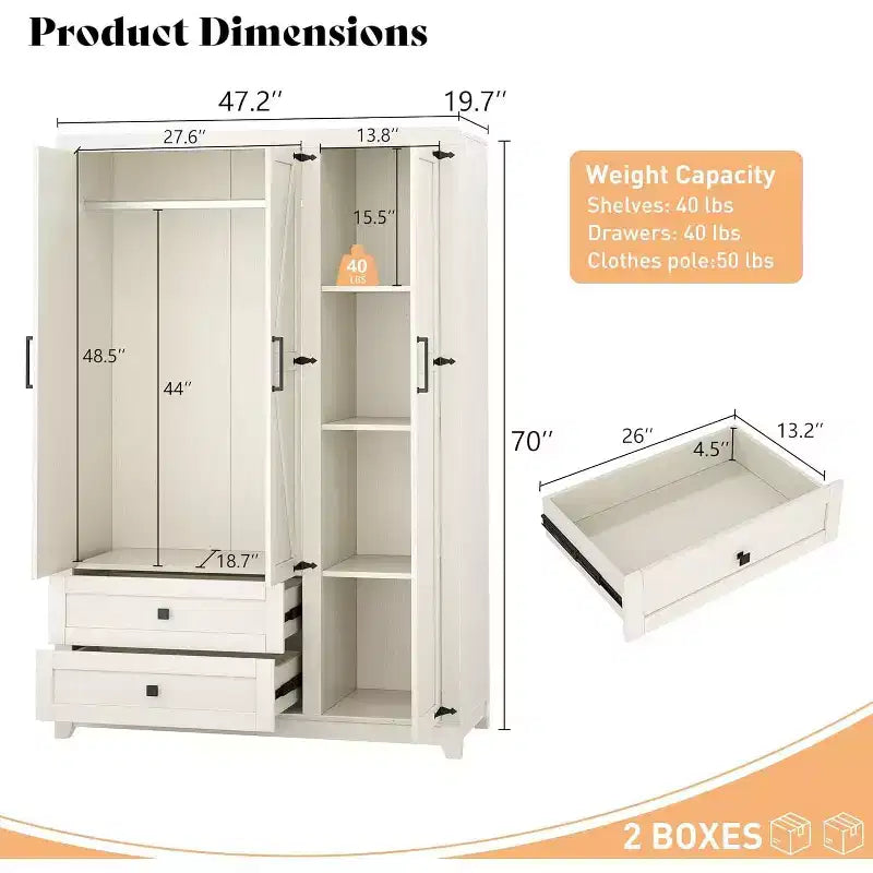 AMERLIFE 47 Farmhouse Wardrobe Armoire with 3 Doors, 2 Drawers, Hanging Rod & Adjustable Shelves, Freestanding Closet Organizer