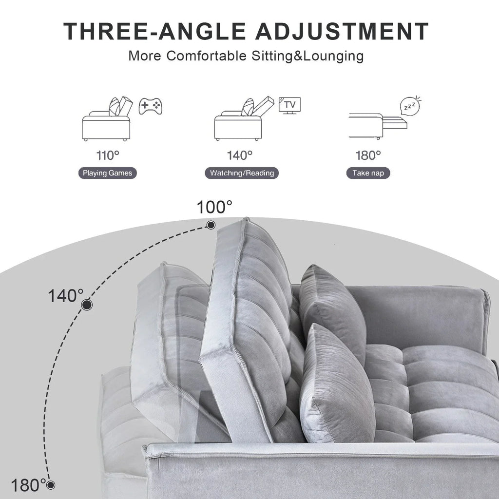 Modern Pull-Out Couch Bed, 3-in-1 Sleeper Sofa with Adjustable Backrest, Velvet Loveseat, Pillows & Side Pockets