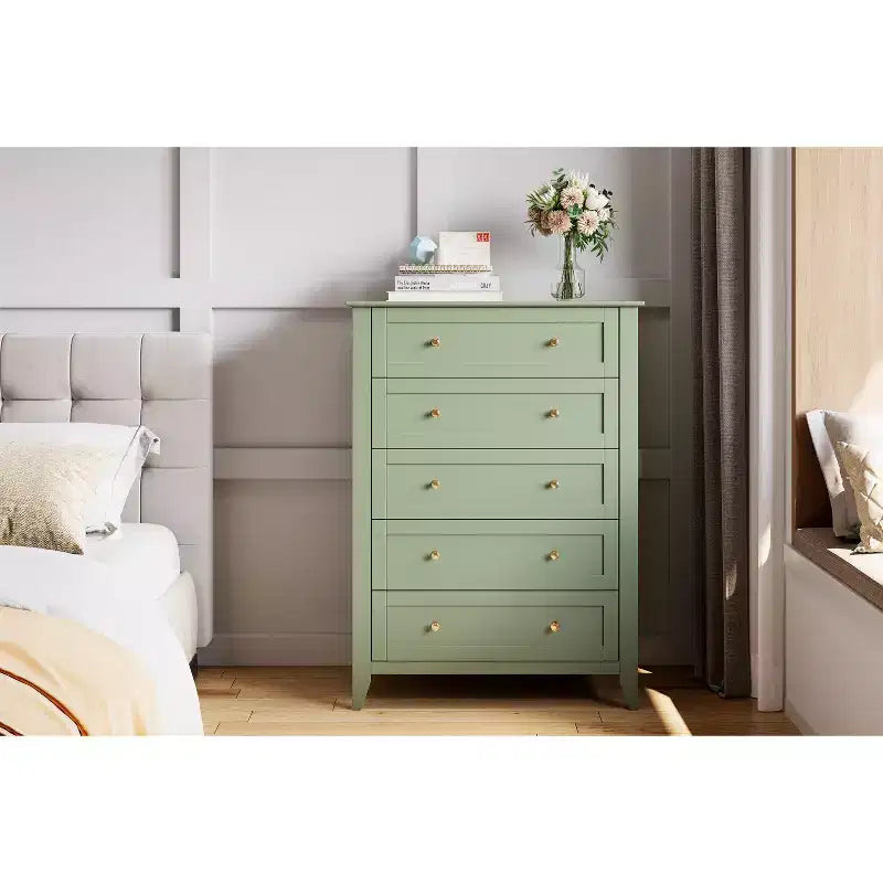 5-Drawer 42.5-Inch Tall Dresser for Bedroom, Wooden Storage Cabinet with 11.9-Inch Deep Drawers & Gold Metal Knobs, Ideal for Entryway, or Hallway