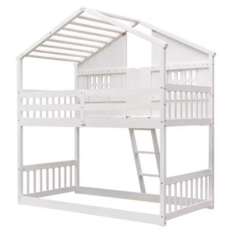 Twin Size House-Shaped Loft Bed, Wood Playhouse Loft Bed with Ladder & Guardrails for Kids
