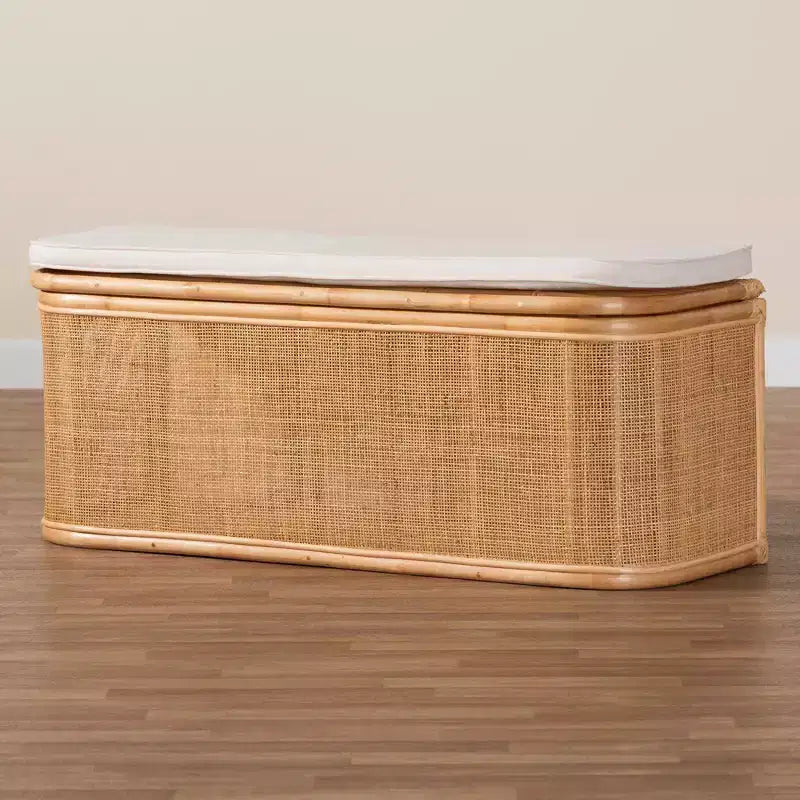 bali & pari Ishana Natural Rattan Storage Bench Natural/White: Upholstered Polyester, Plywood Frame, No Assembly Required