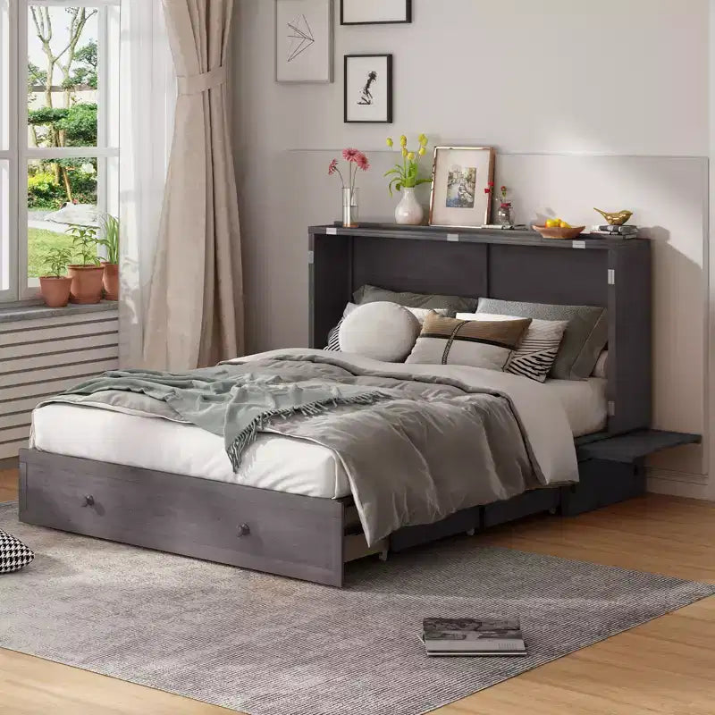 Mjkone Murphy Bed Queen,Cube Cabinet Chest Bed with Charging Station&Storage Space