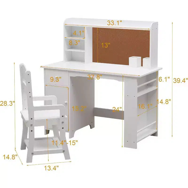 Kids Desk, Study Desk and Chair Set for Boys and Girl, Wooden Kids Writing Table with Bookshelf, Bulletin Board, Cabinet and Drawer for Ages 3-8