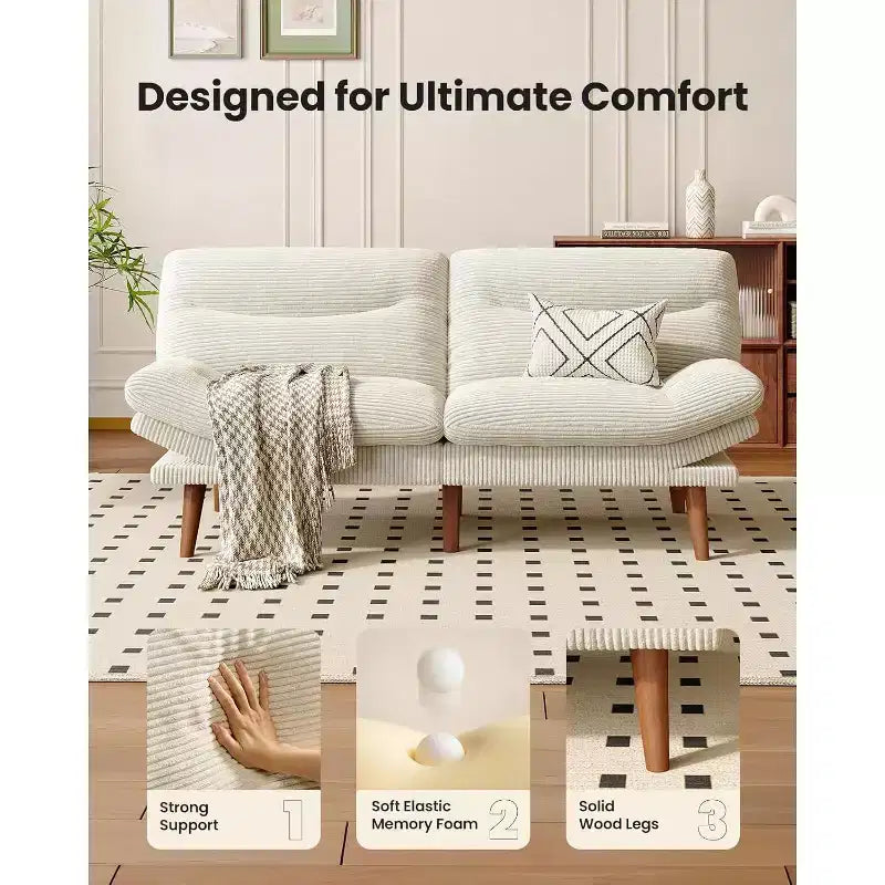 66-inch corduroy sofa bed with adjustable backrest and armrests, suitable for small spaces, living rooms, or offices as a futon sofa.