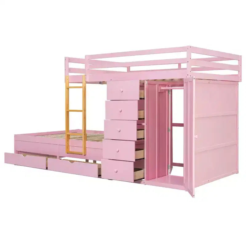 Full Over Full Modern Bunk Bed With Built In Closet And 7 Storage Drawers