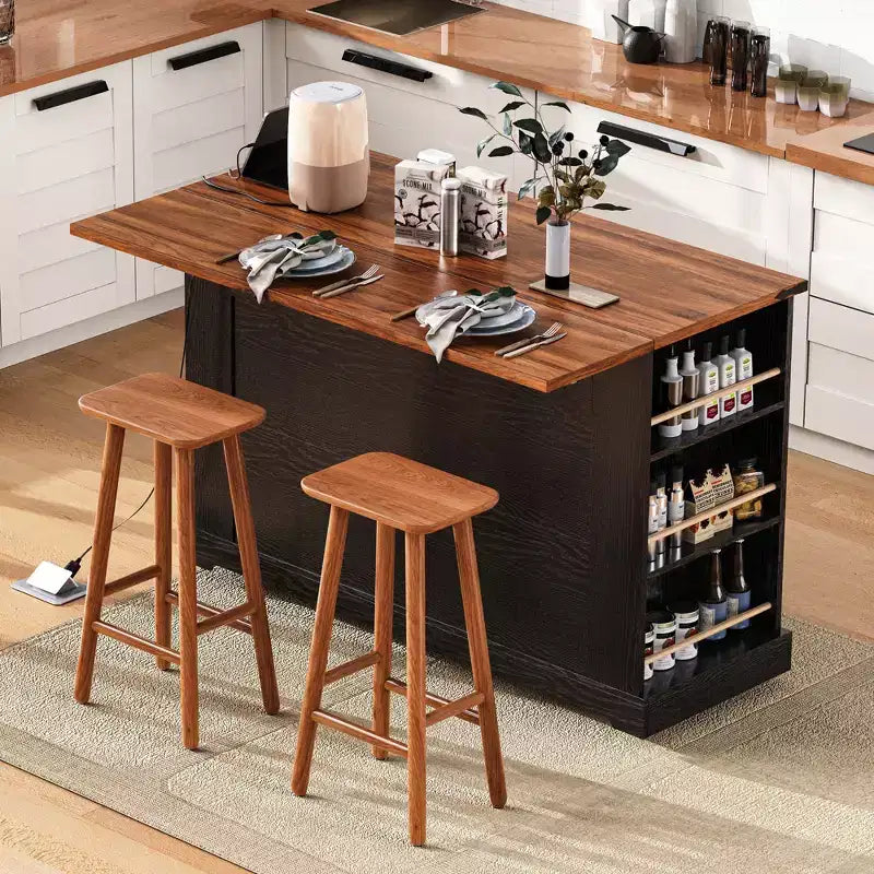 Kitchen Cart with Tempered Glass Doors, Side Racks, Power Outlet, and Drop Leaf