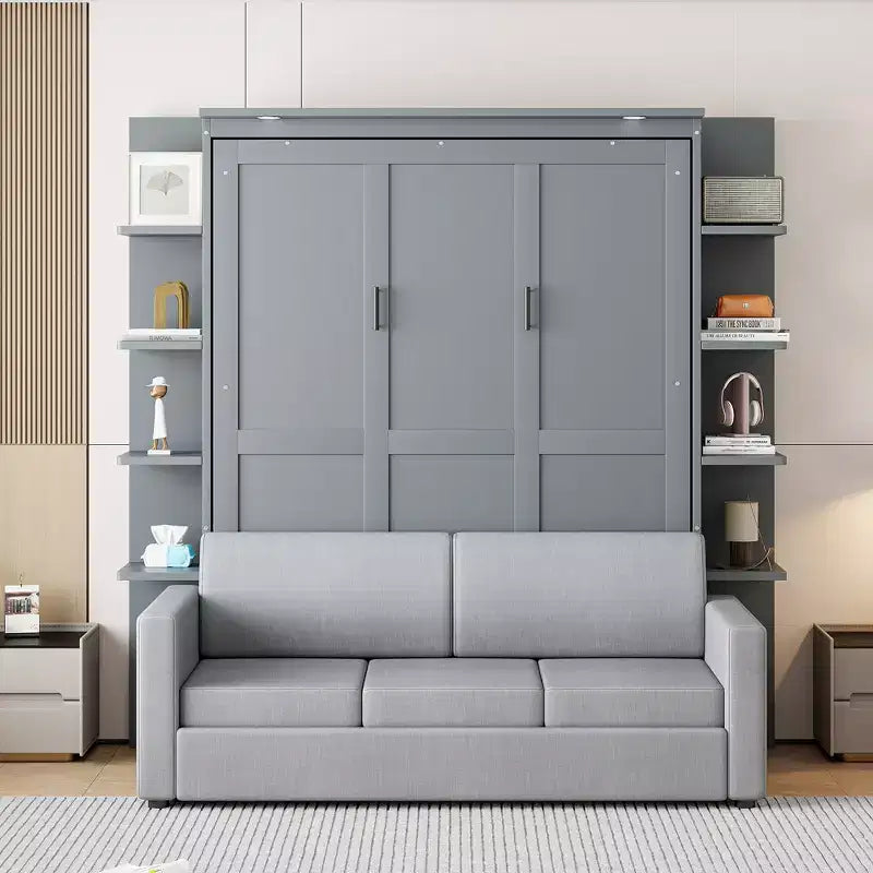 Whisen Modern Design Wood Frame Queen Size Murphy Bed Wall Bed with Sofa and Shelves