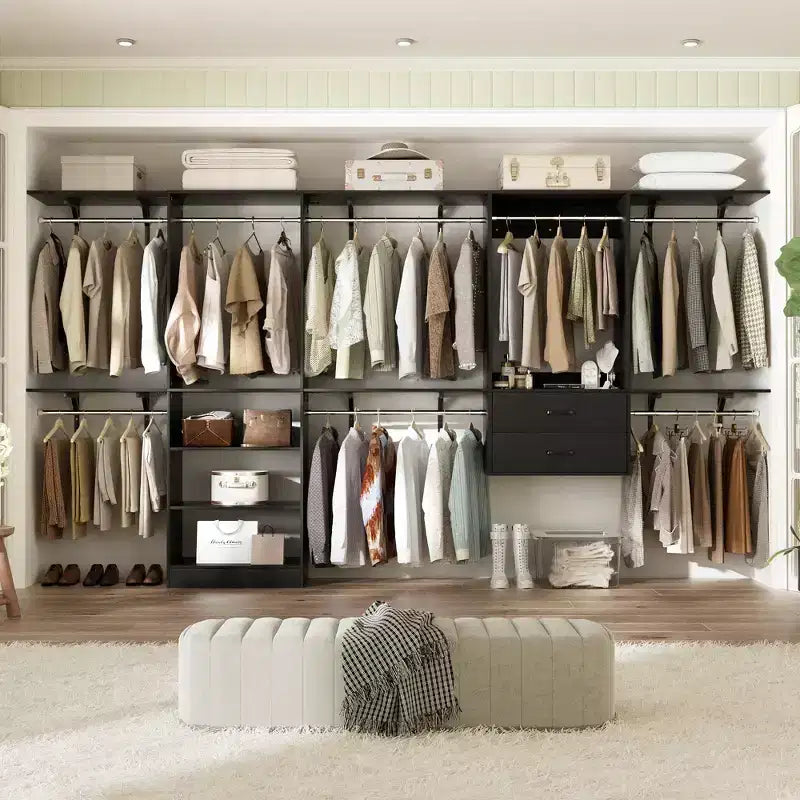 Freestanding Closet System with 8 Hannging Rods and Drawers, Hanging Closet Organizer with 10 Shelves