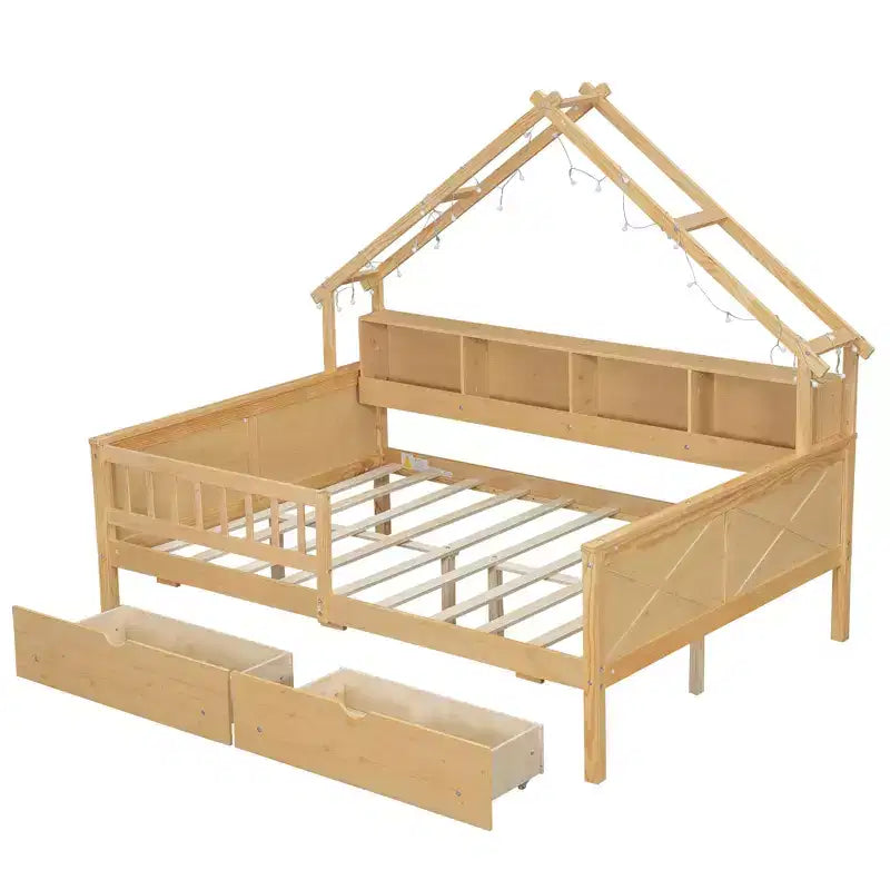 Full Size House Bed Frame with Drawers, House Platform Bed with LED Lights, Storage Shelves & Drawers, Wood Daybed with Roof and Guardrail