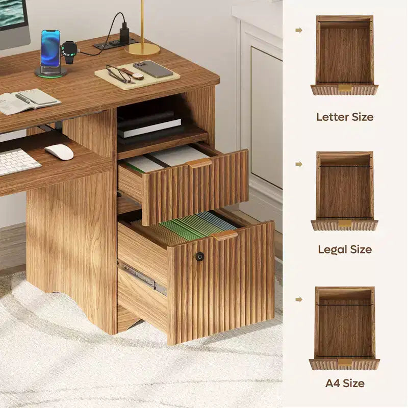 Bestier 55 Smart Computer Desk, Oak Writing Desk with File Drawers and Power Outlet, Executive Office Desk with Open Storage and Keyboard Tray